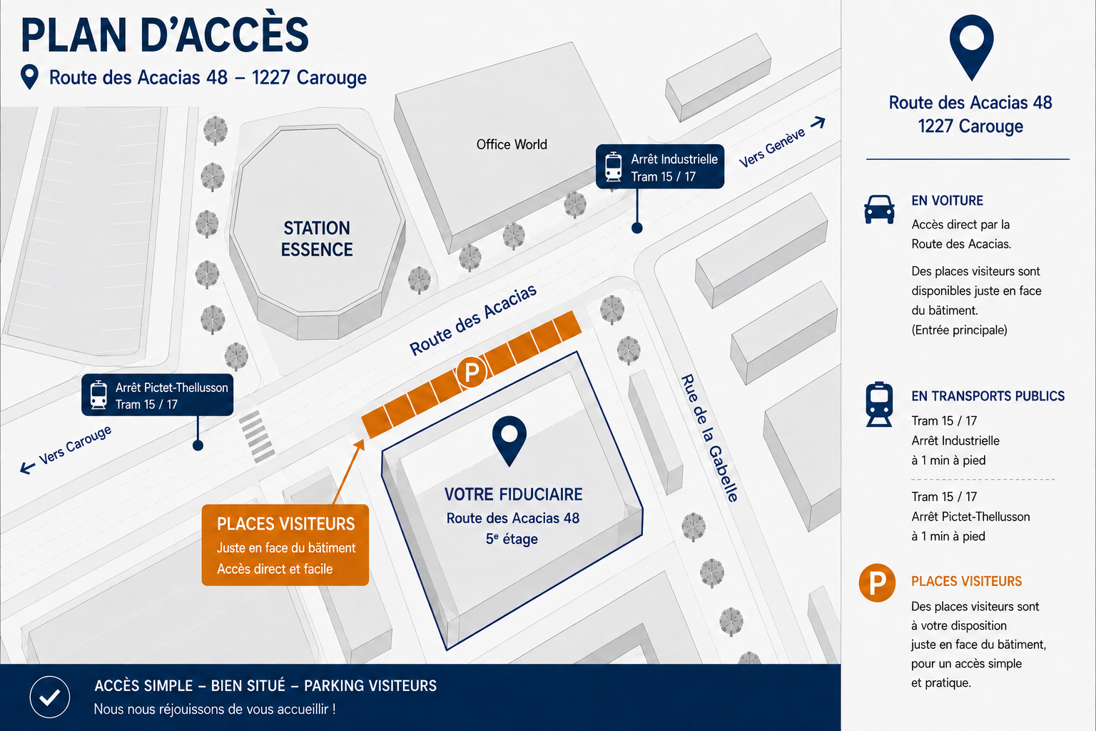Plan d'accès aux bureaux GESPOWER SA, Route des Acacias 48, 1227 Carouge, 5e étage